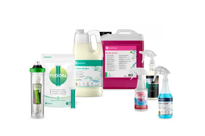 Your Sector, Our Solutions: Tailored biotech cleaning products for hygiene and sustainability across industries. Range of InnuScience products, including PodOra pods, Nu-Bio Scrub, Game Over Sport, and spray bottles, representing tailored biotech cleaning solutions for diverse industries.