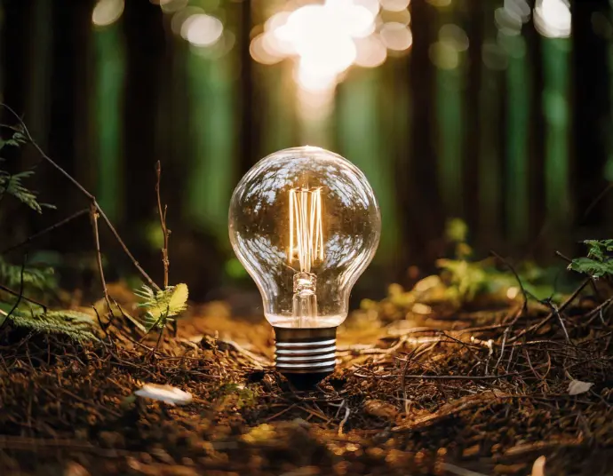 Where Nature Meets Innovation: Biotechnology-driven solutions for sustainable cleaning. Light bulb glowing in a forest, symbolizing the fusion of nature and innovation through biotechnology.