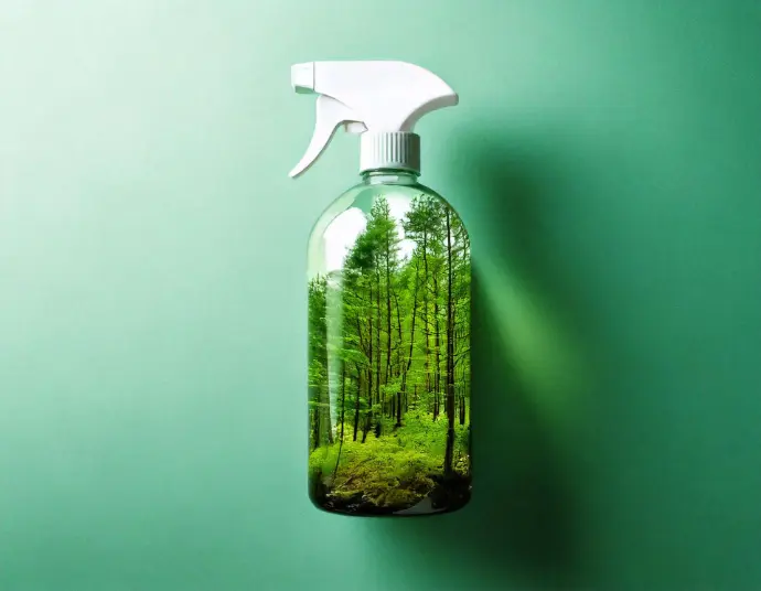 Spray bottle with a forest inside, symbolizing InnuScience's commitment to sustainability and nature-powered cleaning solutions.