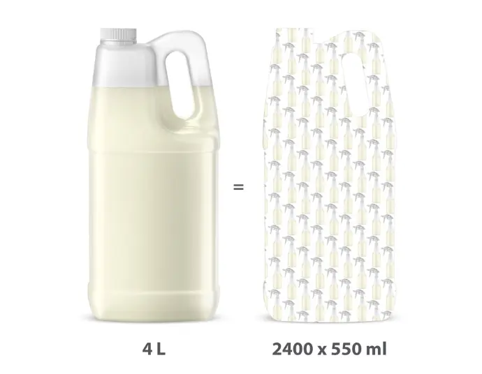 Smarter for the Planet: Ultra-concentrated cleaning reduces plastic waste, emissions, and storage needs. Comparison of a 4L container to 2400 spray bottles, illustrating the efficiency and environmental benefits of ultra-concentrated biotech cleaning solutions." LABEL TITLE
