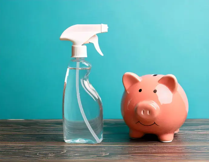 Lighter on Your Budget: Cost-effective biotech cleaning solutions for better value. Spray bottle next to a piggy bank, symbolizing cost savings with InnuScience's ultra-concentrated cleaning solutions.